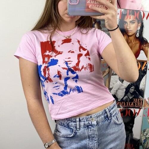 Y2K Women Cotton T-shirt Face Print Short Sleeve Slim Fit Crop Top Summer Sweats Tees Casual O-neck Tshirt Gothic Streetwear