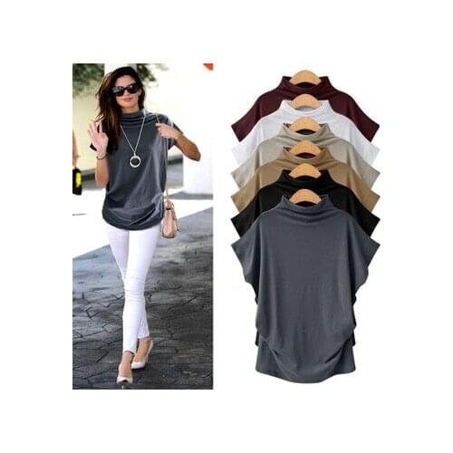 Plus Size Cotton Korean Style Fashion Blouse Womens Loose Short Sleeve Turtlneck Blouse Female Tops