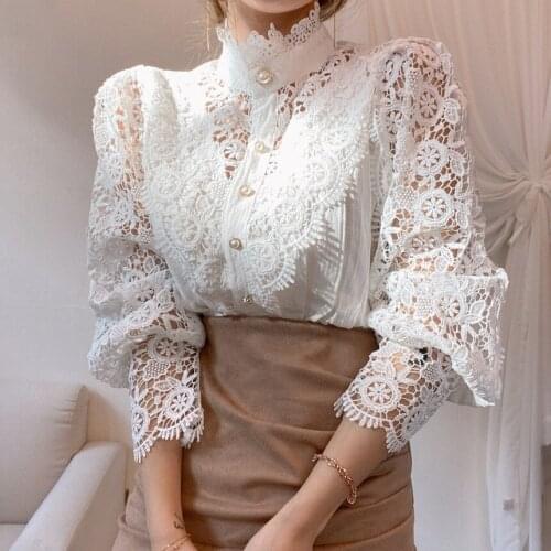 Chic Button Hollow Out Women Blouses Flower Lace Patchwork Shirt Stand Collar All-match Femme Blusas Petal Sleeve Elegant Shirts