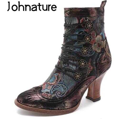 Johnature Retro Ankle Women Boots Short Plush Women Shoes Genuine Leather Embroidery Cloth Patchwork Zip Handmade Platform Boots