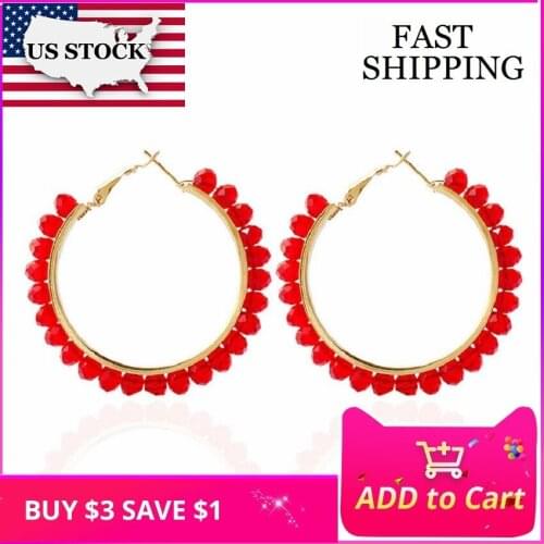 US STOCK Uloveido Rose Gold Color Earrings for Women Jewelry Earings Big Round Red Crystal Earrings for Girls Bohemia E364