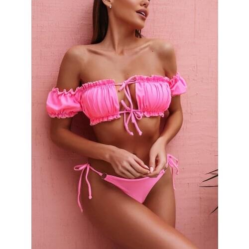 Pink Ruffled Swimsuit Separate bathing suit Bandeau Sexy two piece suit High cut off Shoulder Swimwear WomenThong bikini