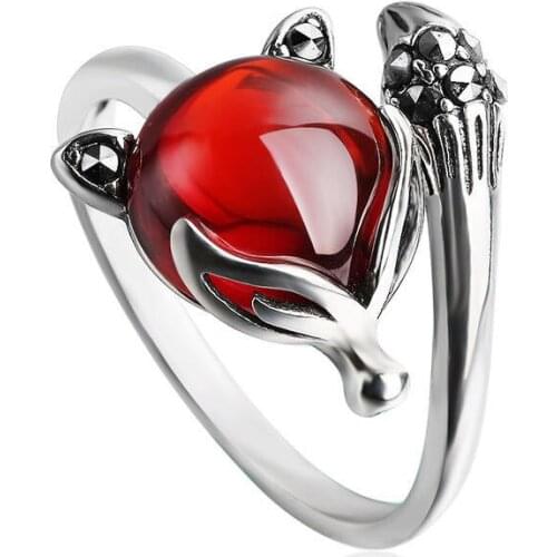Bohemian retro fox ring female art design retro opening size adjustable red female statement ring gift jewelry