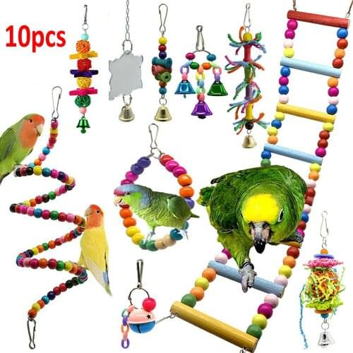 10pcs/set Parrot Toys Set Metal Rope Pet Toy Swing Small Ladder Stand Budgie Cockatiel Cage Bird Hammock Toy Bird Accessories