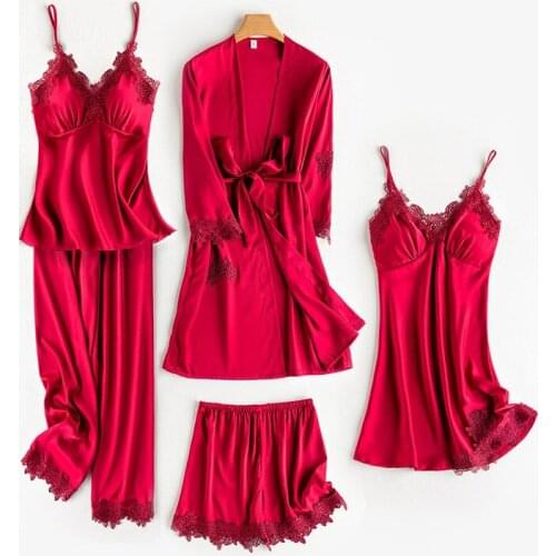 Satin 5 PCS Pajamas Suit Women Faux Silk Sleepwear Lace Pyjamas Kimono Bathrobe Gown Sexy Intimate Lingerie Home Clothes