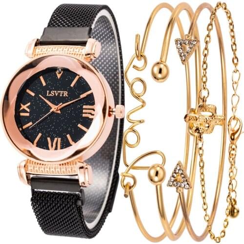 Womens Watches Retro Starry Ladies Stainless Steel Quartz Watch For Women Simple Rhinestone Dial Lover 4-Piece Waches Bracelet