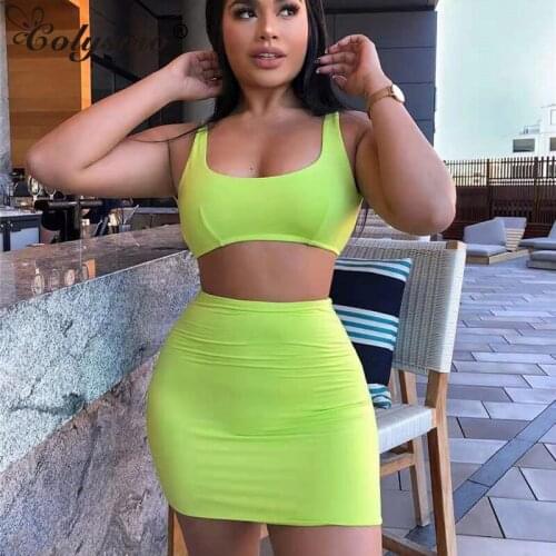 Colysmo Neon Green Women Party Dress Two Piece Summer Backless Lace Up Sexy Dress Elegant Pink Club Dress Mini Robe Femme
