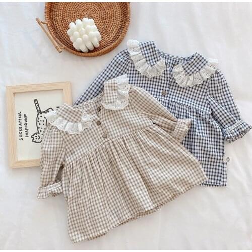 Autumn Spring Baby Girls Long-sleeved Plaid Floral Collar Romper