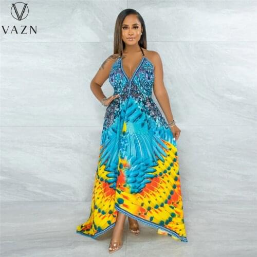 VAZN 2021 Hot Bohemian Chiffon Long Dress Halter Off Shoulder Backless Free Sexy Young Retro Women Ball Gown Maxi Dress