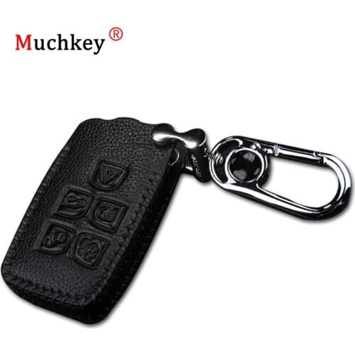 Muchkey Leather Remote Case Car Key Bag Cover with Keychain For Jaguar 3 Buttons Folding Key Luxury Genuine Hand Sew Black Line