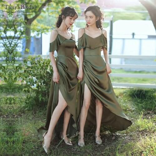 Martini Olive Silk Satin Bridesmaid Dresses Spaghetti ruffles Beauty Elegant Vestido De Festa high-Low Brides side gown DB030