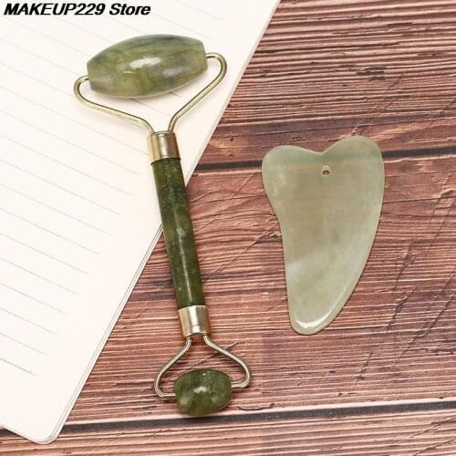1 Set Natural Jade Stone Guasha Facial Face Thin Roller+Body Guasha Board Massager Stone Tool Health Care Relaxation For Women