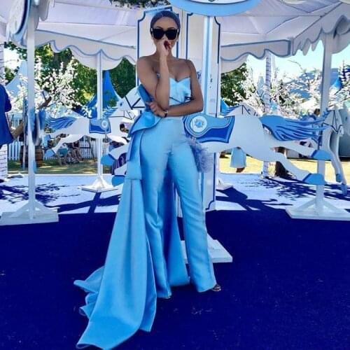 Sky Blue Prom Dresses Women Jumpsuits 2020 Matte Stain Sweetheart Arabic Dubai Occasion Occasion Evening Gowns