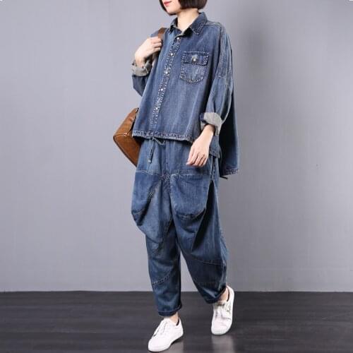 Autumn Women Two Piece Outfits Jean Blouse Tops and Harem Trousers Sets Blue Shirts Denim Trousers Female Tracksuits AA280S30