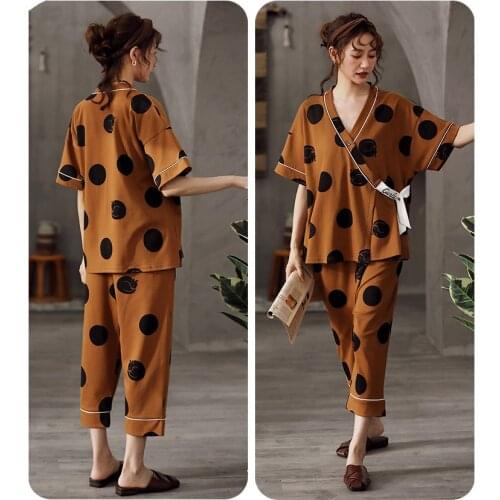 Women Pajamas Set Japanese Style Kimono Dot Print Summer Sleepwear Leisure Loose Cotton Yukata Female Homewear Nightgown