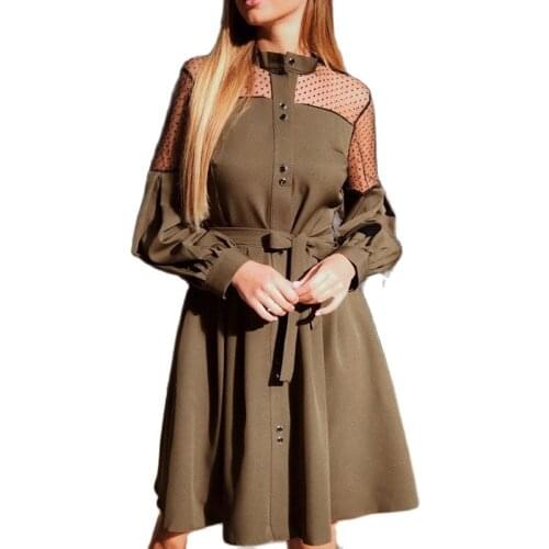 Belt A Line Party Lace Dress Lantern Sleeve Sweet Girl Pocket Patchwork Loose Elegant Office Lady Knee Length 2021 Beach Style