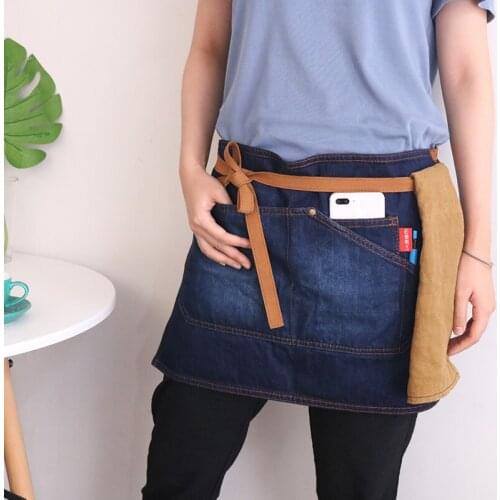 Denim Canvas Solid Color Kitchen Cooking Restaurant Bakery Half Aprons for Women Men Vintage Apron with Pockets Waiter