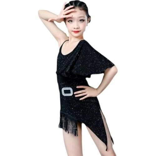 Fringe Sequins Latin Dance Clothes Kids New Girls Latin Dance Dress Competition Salsa Costume Black Child Ballroom Tango Dresses