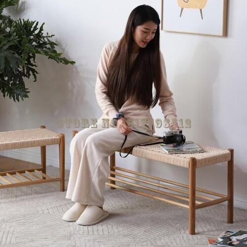 Nordic white oak solid wood rope woven shoe changing stool Japanese style simple bed end stool dining table log bench combinatio