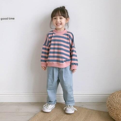 Striped Sweater Girls Middle and Small Children Color-blocking Fashion Loose Trend Pullover Childrens Top Striped Full O-Neck