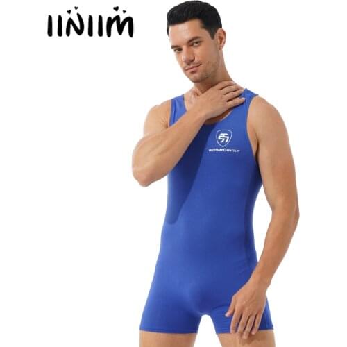 Mens Male Bodysuit Athletic Wrestling Boxers Jumpsuit Gymnastics Fitness Costume Round Neck Sleeveless Workout Leotard Sportwear