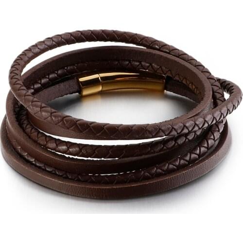 Retro Western Cowboy Jewelry Brown Cowhide Hand Woven Multilayer Cord Mens Genuine Leather Bracelet