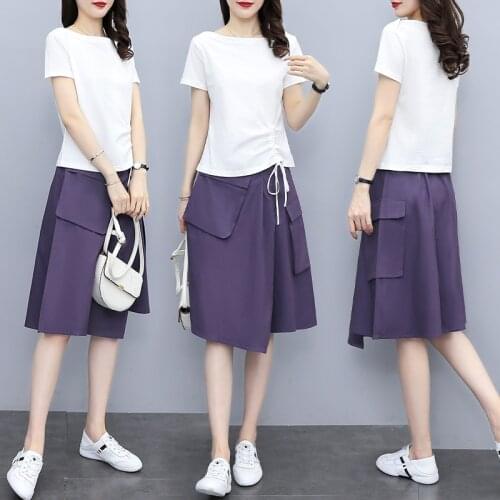 Women 2 Two Piece Suit Drawstring Fold T-shirts Elastic Waist Big Pocket Irregular Skirt Cotton And Linen Clothes Set Female