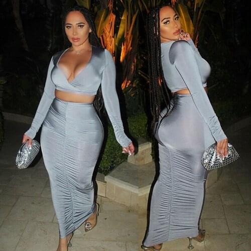 SEASONS Long Sleeve V-Neck Sexy Bodycon Crop Top Skirt 2 Piece Set Autumn Winter Women Fashion Party Elegant Tracksuit ASSU81896