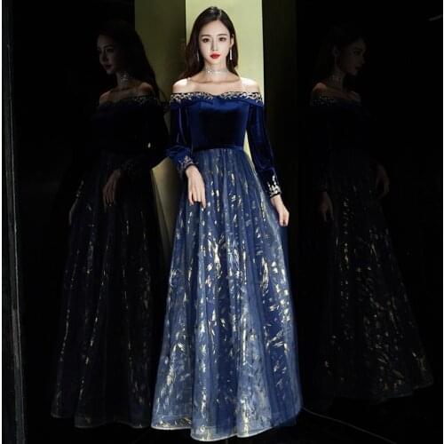 Evening Dress Simple Empire A-Line Full Sleeves Fashion Sequins Embroidery Boat Neck Floor-Length Woman Formal Party Gowns A1399