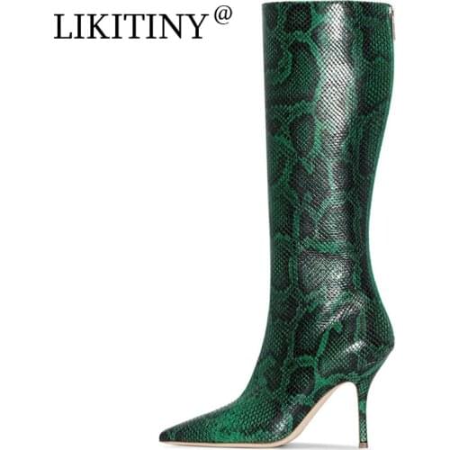 LIKITINY 2021 Winter Fashion Pointed toe Back zipper Womens shoes Sexy Serpentine Stilettos heels Green Knee high boots 45