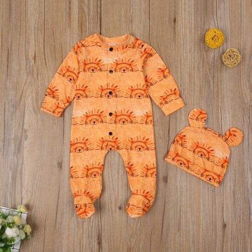 0-12M Newborn Baby Boys Girls Clothes Romper+Hats 2pcs Cartoon Animal Print Long Sleeve Jumpsuits