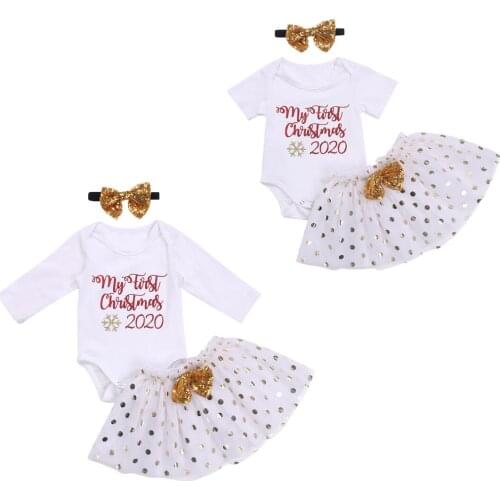 Infant Newborn Baby Girls Christmas Clothes Set Long Sleeve Letter Bodysuits Tops Dots Mesh Skirts Headband 3Pcs Spring Autumn