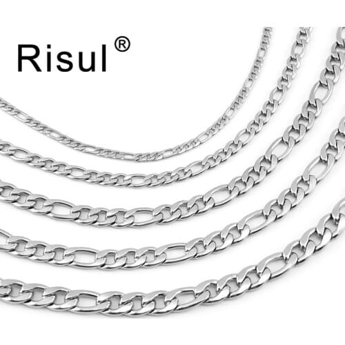 6pcs Risul Stainless Steel 16"-38" silver tone Figaro Chain 3/4.6/6/7/7.5mm width sweater chain Necklace High Quality Wholesale