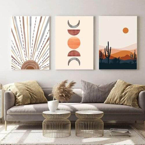 Wall Art Cactus Wall Painting Abstract Sun Face Moon Orange Posters and Prints Nordic Wall Pictures for Living Room Home Decor