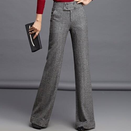 Autumn Women Straight Pants Office Lady Wide Leg Wool Trousers High Waist Woolen Flare Pants Capris Work Wear Casual Pants S-3XL