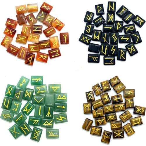 European and American Rune Rune Tiger Eye Stone Runic Divination Fortune-Telling Stone Lettering Semi-Precious Stone Set 25pcs