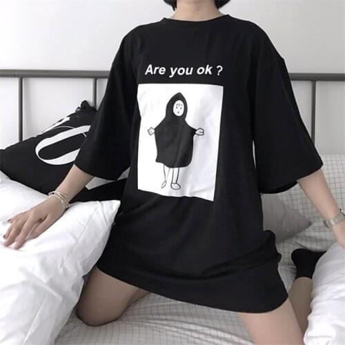 T Shirt Harajuku Casual Tshirt Women Cartoon Character Letter Print Tee Tops Fashion Loose Black Shirts 34591