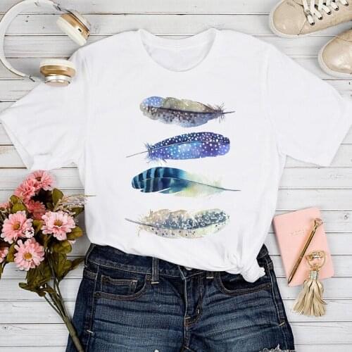 T-shirts Lady Graphic Female Print Clothes Tee T-Shirt Women Feather Ladies Printing Trend Cute Summer Spring 90s Tshirt Top