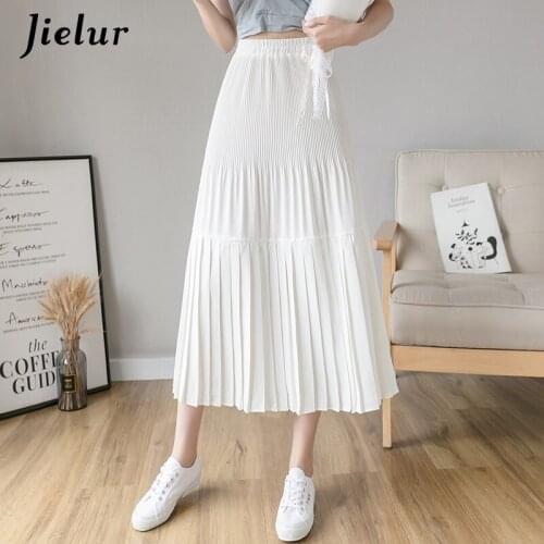 Jielur Pleated Summer Skirt Loose Solid Color Skirts Womens Slim Chic High Waist Jupe Black Elastic Waist New Femme Skirts