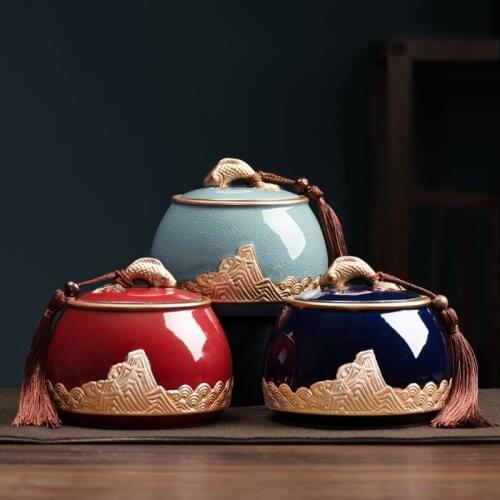 Ge Kiln Ceramic Tea Caddy Sealed Pot Household Tea Storage Tank Chinese Style Tea Box Relief Tea Canister