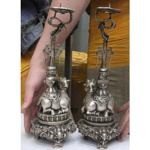 China White Copper silver Ruyi Sheep beast Head Candle holders Candlestick Pair