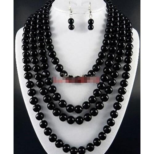 Beautiful New Long 100 inches Fasshion 8mm Black bead Necklace Earrings Set AAA