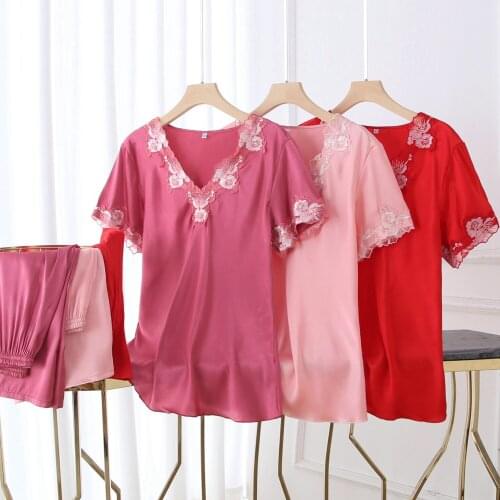 Lace 2pcs Pajamas Suit Satin Sexy Homewear Intimate Lingerie Summer New Sleep Set Pyjamas Casual Comfortable Sleepwear Nightgown