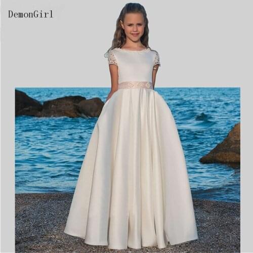 Lace Satin A-Line Flower Girls Gowns for Wedding Kids Pageant Dresses First Communion Gowns For Girls Vestidos deminha 1-14Y