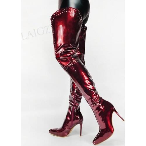 LAIGZEM Women Thigh High Boots Shiny Side Zip Studded Heels Boots Female Frauen Stiefel Party Shoes Woman Large Size 42 45 46 47