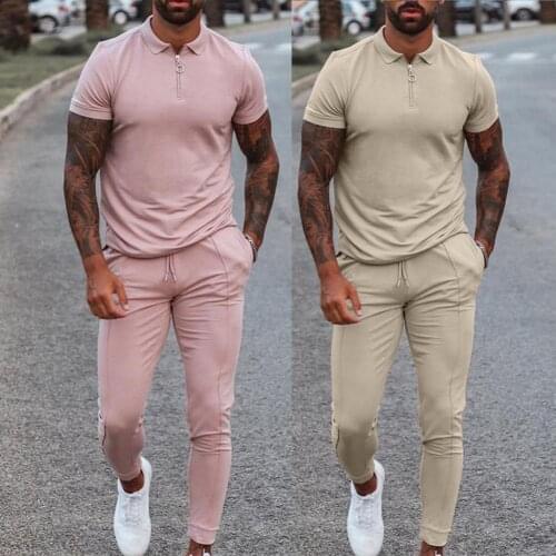 Summer Two Pieces Men Tracksuit Solid Color O-neck Short Sleeve T-shirt Drawstring Pants Plus Size Men Outfit Casual Set Fitness