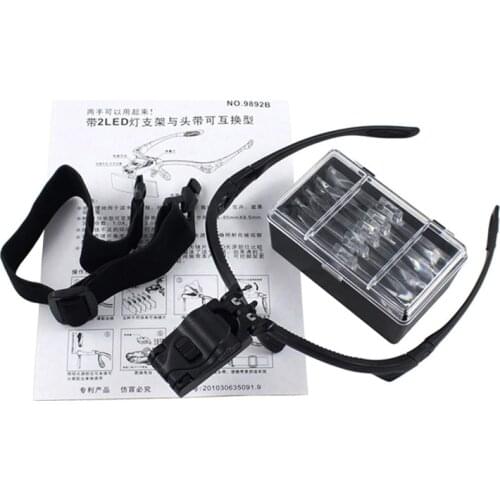 Headband Repair Magnifier 2 LED Eye Magnifying Glass 1.0/1.5/2.0/2.5/3.5X 5PC Optical Lens Old Man Reading Repair Glasses Loupe