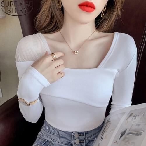 2021 Autumn New Short T-shirt Long Sleeve Shirt Square Collar Bottoming Shirt Cotton Clothes Slim Office Lady Blusas Mujer 15807