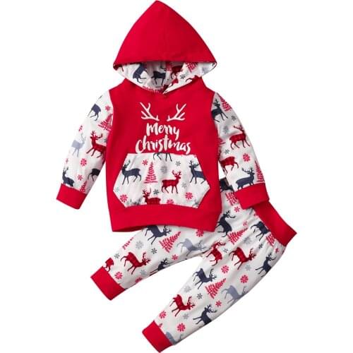 Infant Baby 2Pcs Christmas Outfits, Casual Long Sleeve Letter Deer Print Hoodie and Pants Set