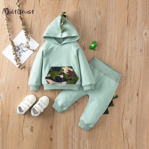 Baby Boy Clothes Trousers Suit Camouflage Pocket Hooded T-shirt and Solid Color Elastic Long Pants Dinosaur costume